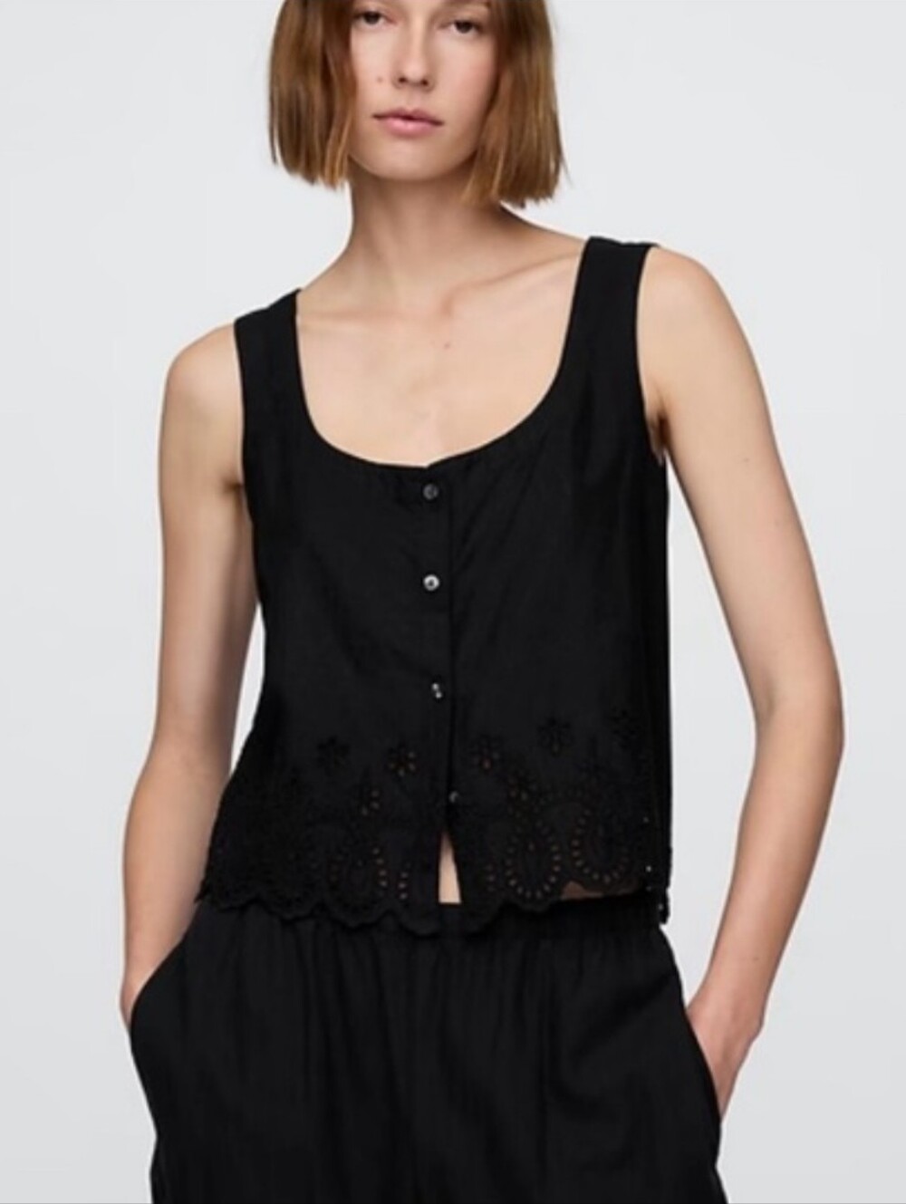 GAP Black Linen Blend Eyelet Embroidered Button Front Vest Tank Top Large Boho